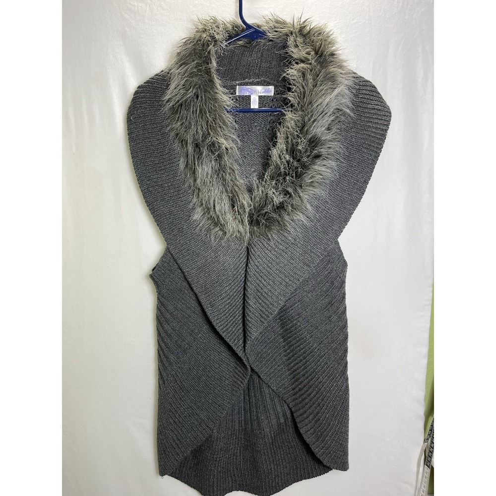 Vioblu Women's Large Gray Chunky Knit Vest Box Fur Color Open Front Cardigan
